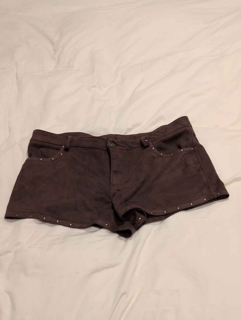 Stud-Trim Suede-Style Women’s Jean Shorts — Brown